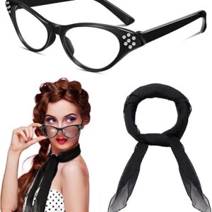 1950s Retro Cat Eye Glasses & Chiffon Scarf Set – Perfect for Costume Parties (Black)